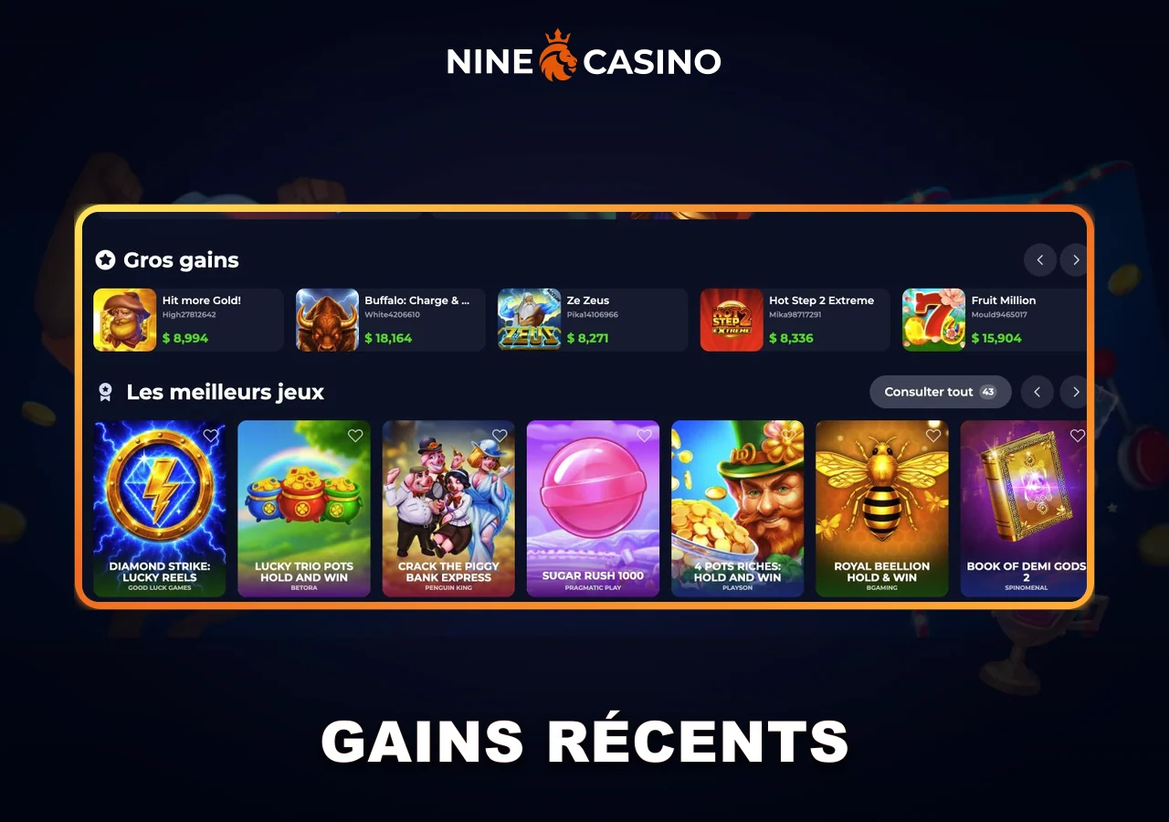 Gains récents affichés sur Nine Casino