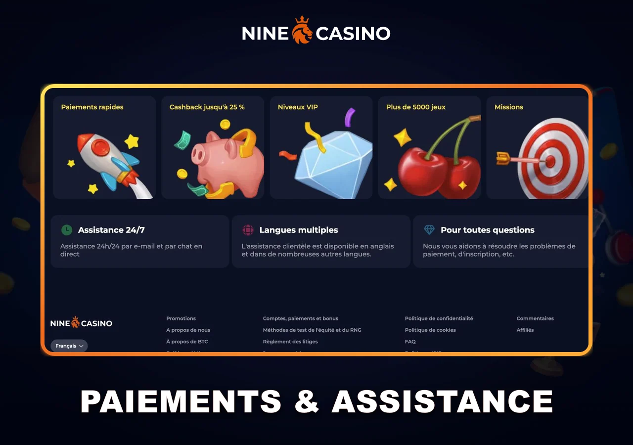Paiements et assistance Nine Casino